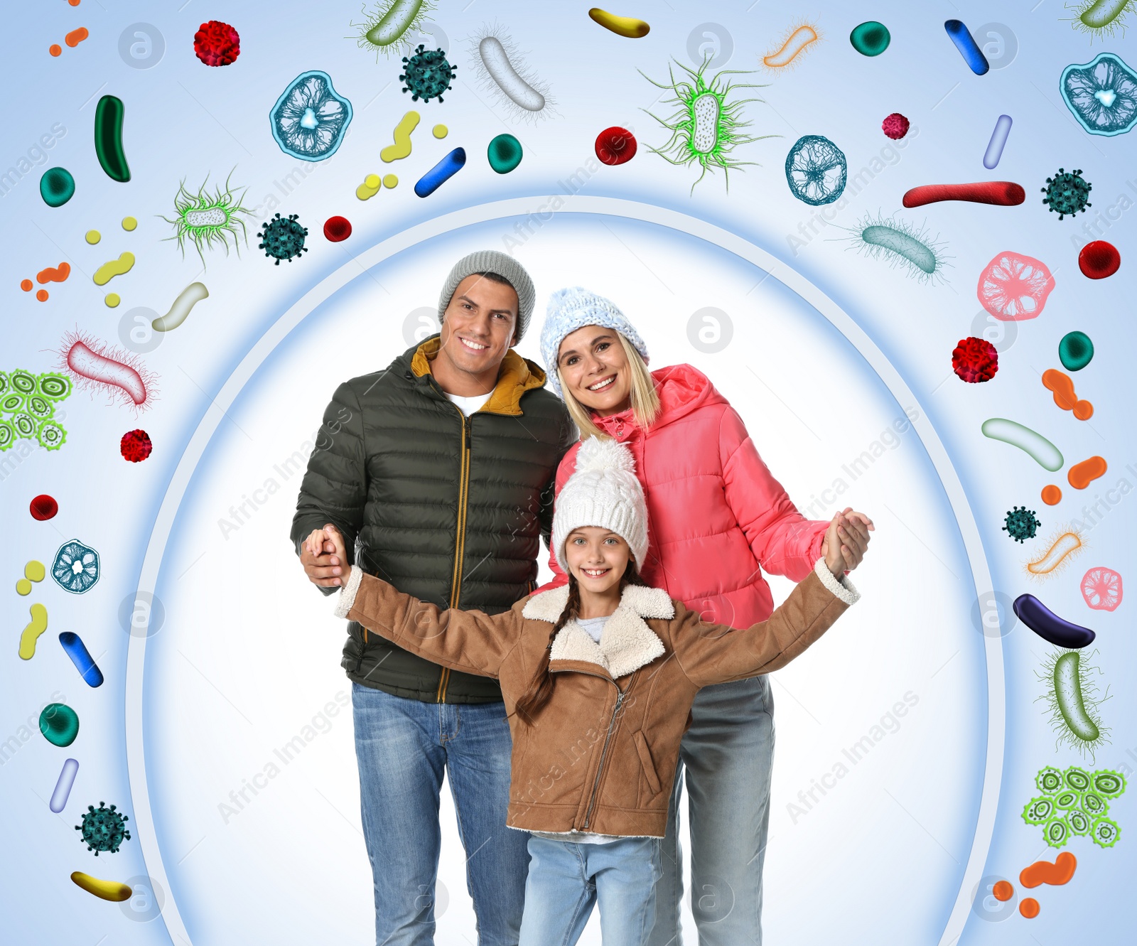 Image of Strong immunity - healthy family. Happy parents with children protected from viruses and bacteria, illustration