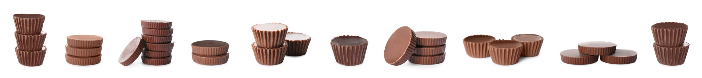 Image of Set with delicious peanut butter cups on white background. Banner design 