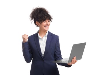 Beautiful businesswoman in suit with laptop on white background