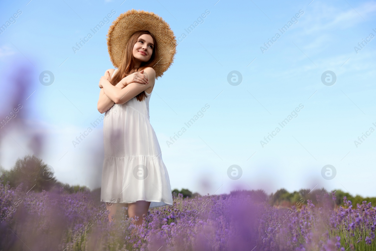 Photo of Young woman in lavender field on summer day