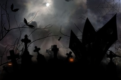 Old misty cemetery on full moon night