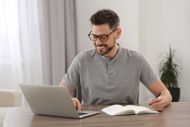 Photo of Man studying on laptop at home. Online translation course