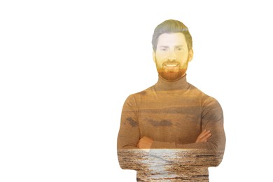 Double exposure of handsome man and sea at sunset