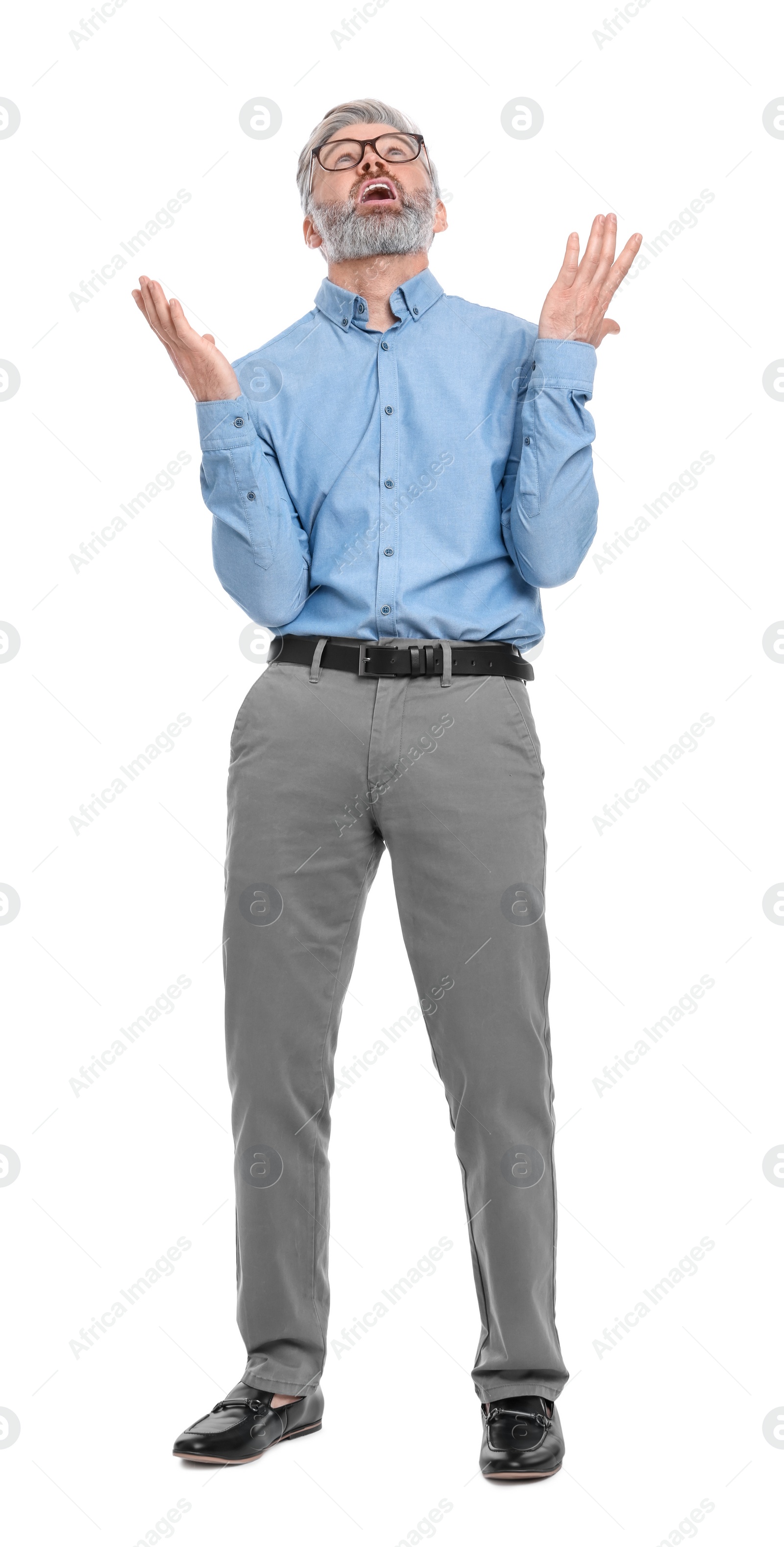 Photo of Mature businessman in stylish clothes posing on white background