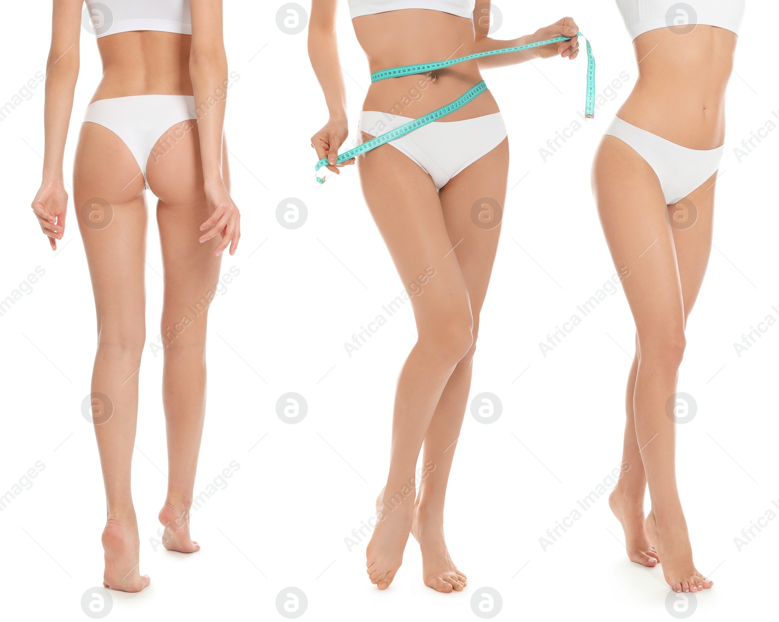 Image of Closeup view of women with slim bodies on white background, collage