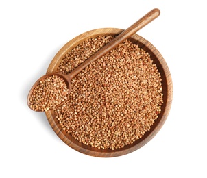 Photo of Bowl and spoon with uncooked buckwheat on white background, top view