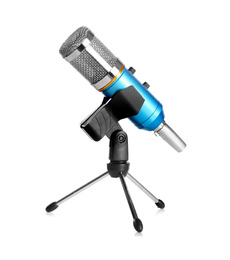Modern microphone isolated on white. Journalist's equipment