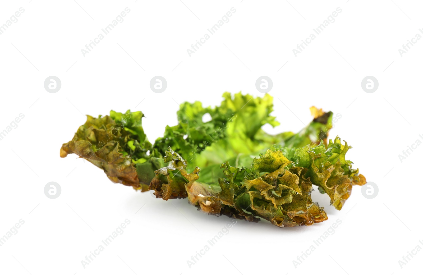 Photo of Tasty baked kale chip isolated on white