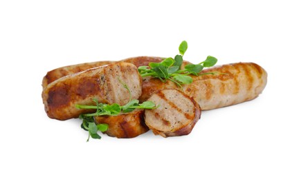 Photo of Tasty fresh grilled sausages with microgreens isolated on white