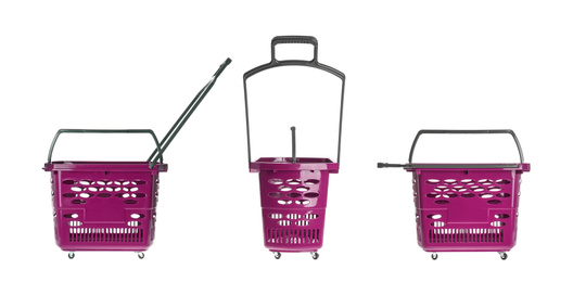 Image of Set of shopping baskets on white background