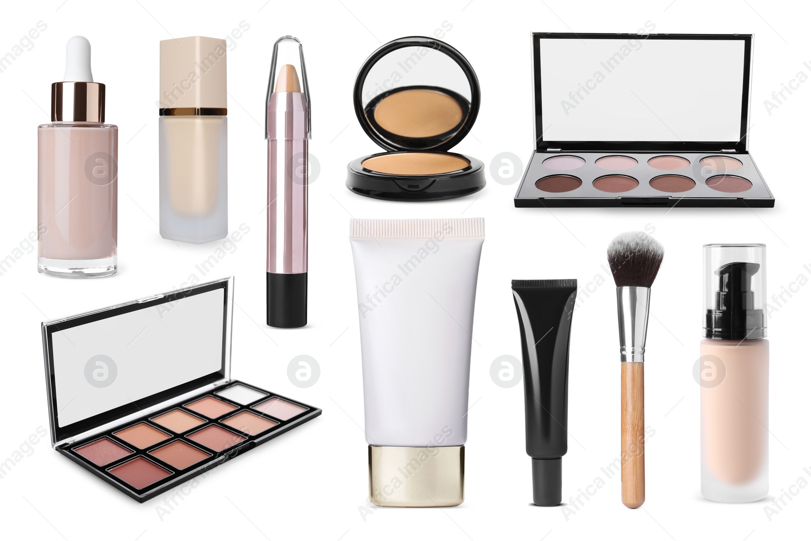 Image of Face powder, contouring pallets, concealer, liquid foundations and brush isolated on white. Collection of makeup products