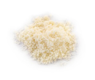 Photo of Pile of grated parmesan cheese isolated on white, top view