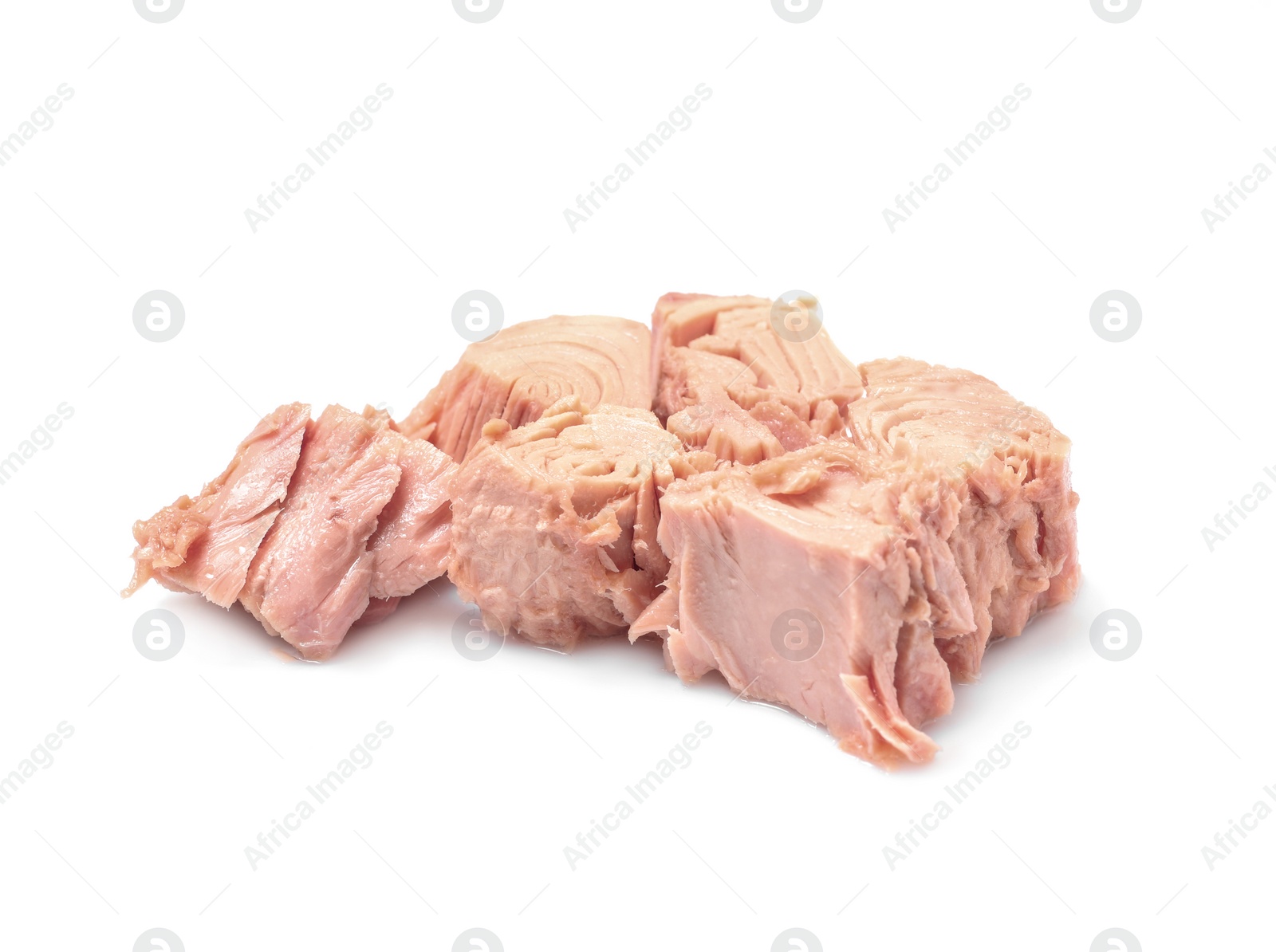 Photo of Pieces of canned tuna on white background