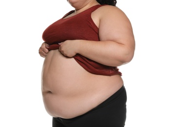 Photo of Overweight woman posing on white background, closeup