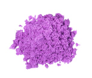 Pile of violet kinetic sand on white background, top view