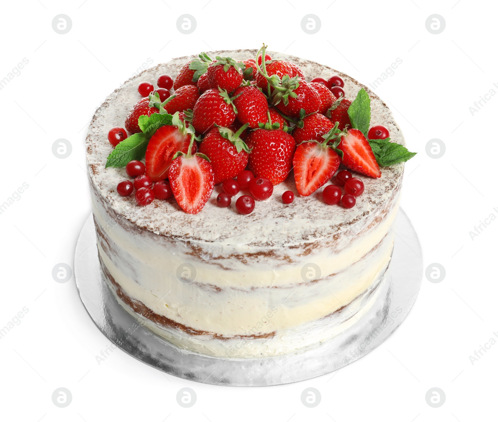 Photo of Delicious homemade cake with fresh berries on white background