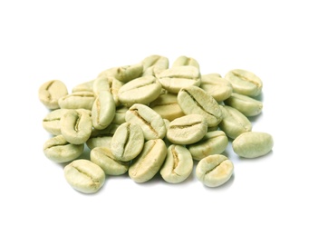 Photo of Pile of green coffee beans on white background