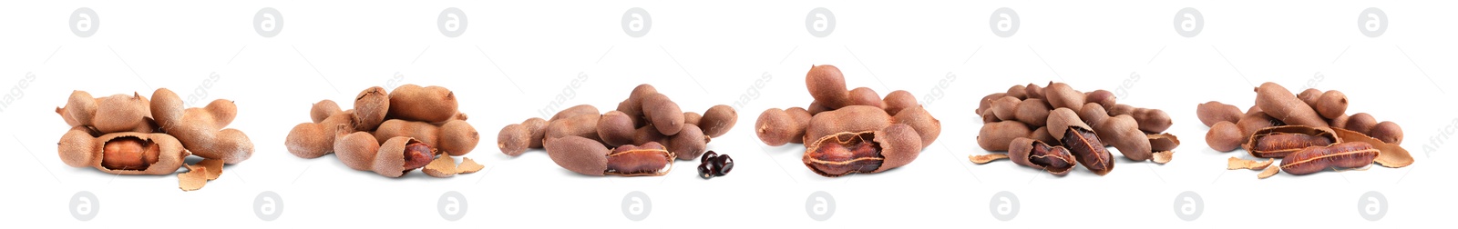 Image of Set with delicious ripe tamarinds on white background, banner design. Exotic fruit