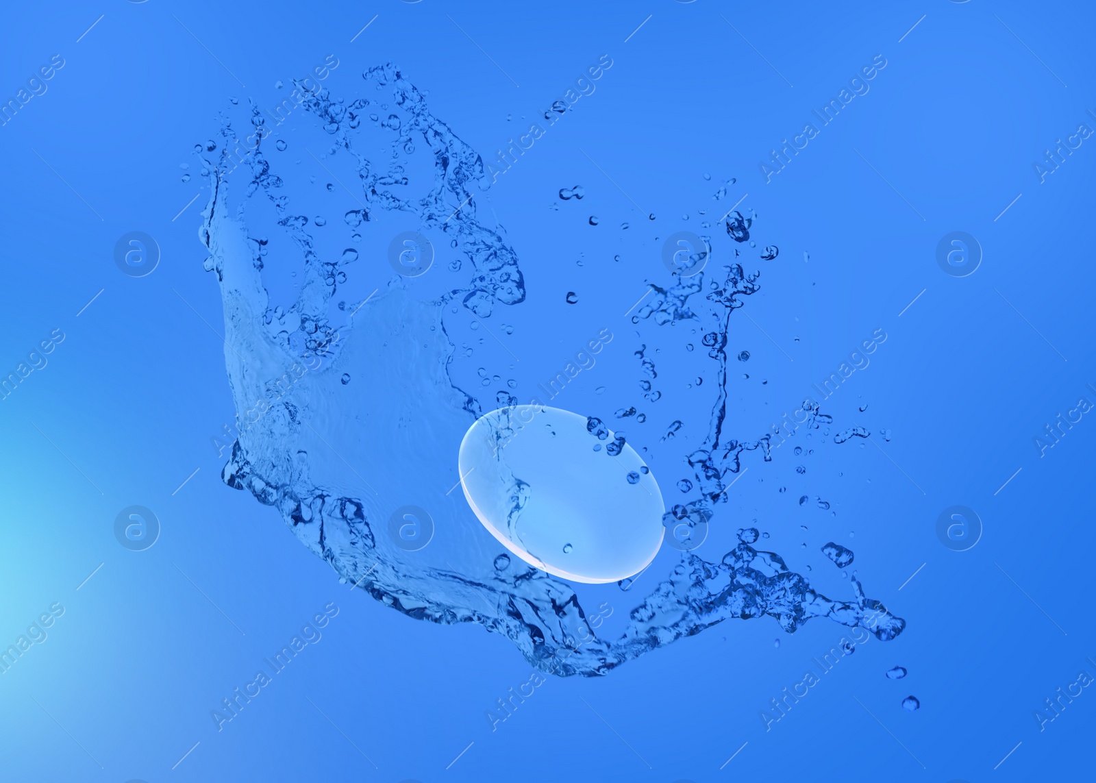 Image of Contact lens and splash of solution on blue background