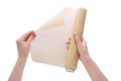 Photo of Woman holding baking paper on white background, closeup