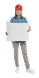 Photo of Architect in hard hat with draft on white background