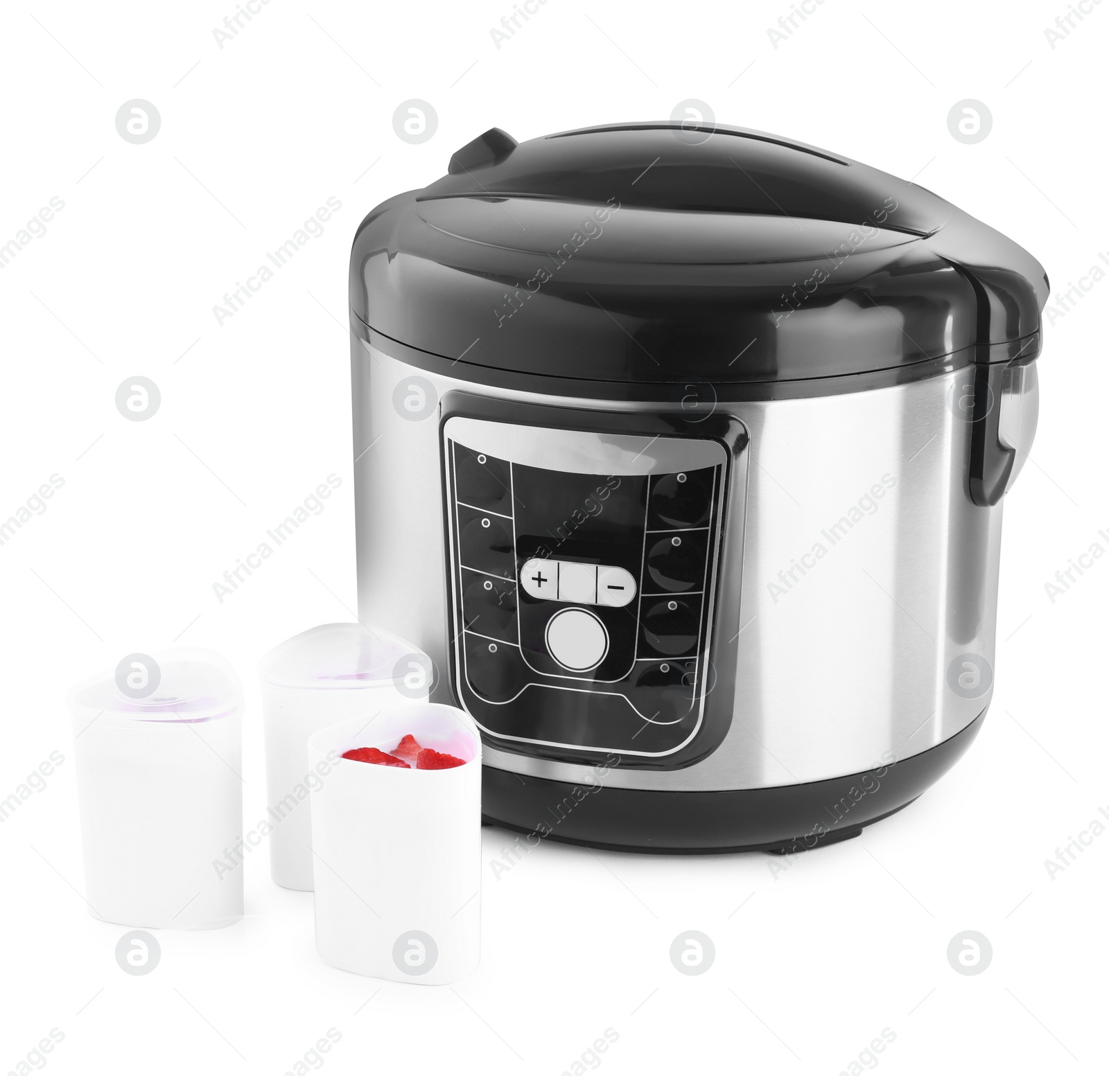 Photo of Modern multi cooker with cups of homemade yogurt isolated on white
