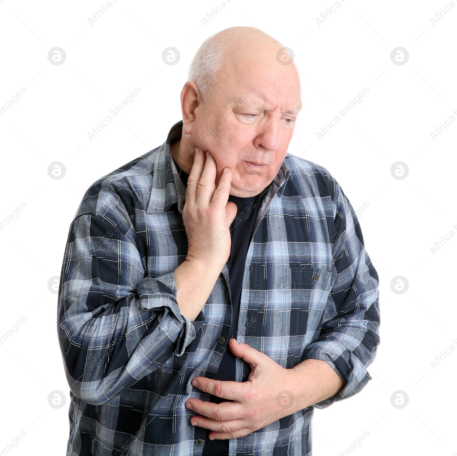 Photo of Senior man suffering from cough on white background