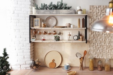 Photo of Kitchen interior with festive decor. Christmas celebration