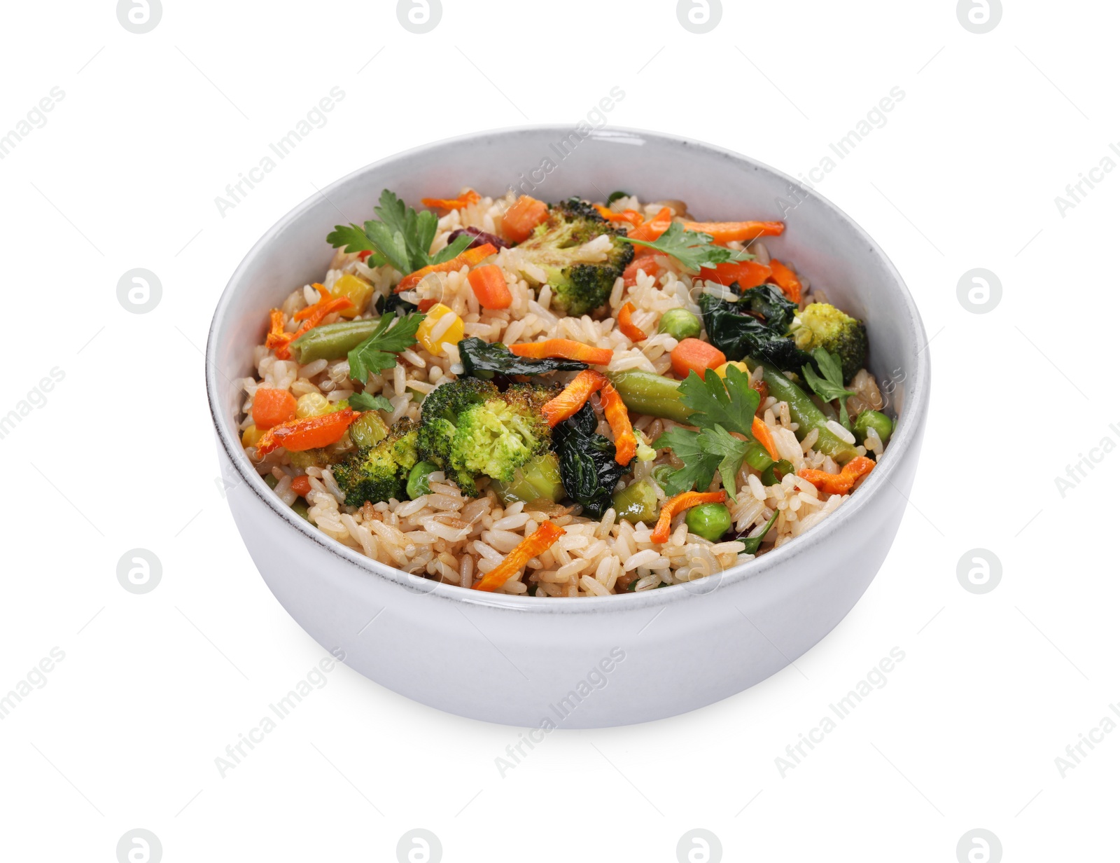 Photo of Tasty fried rice with vegetables in bowl isolated on white