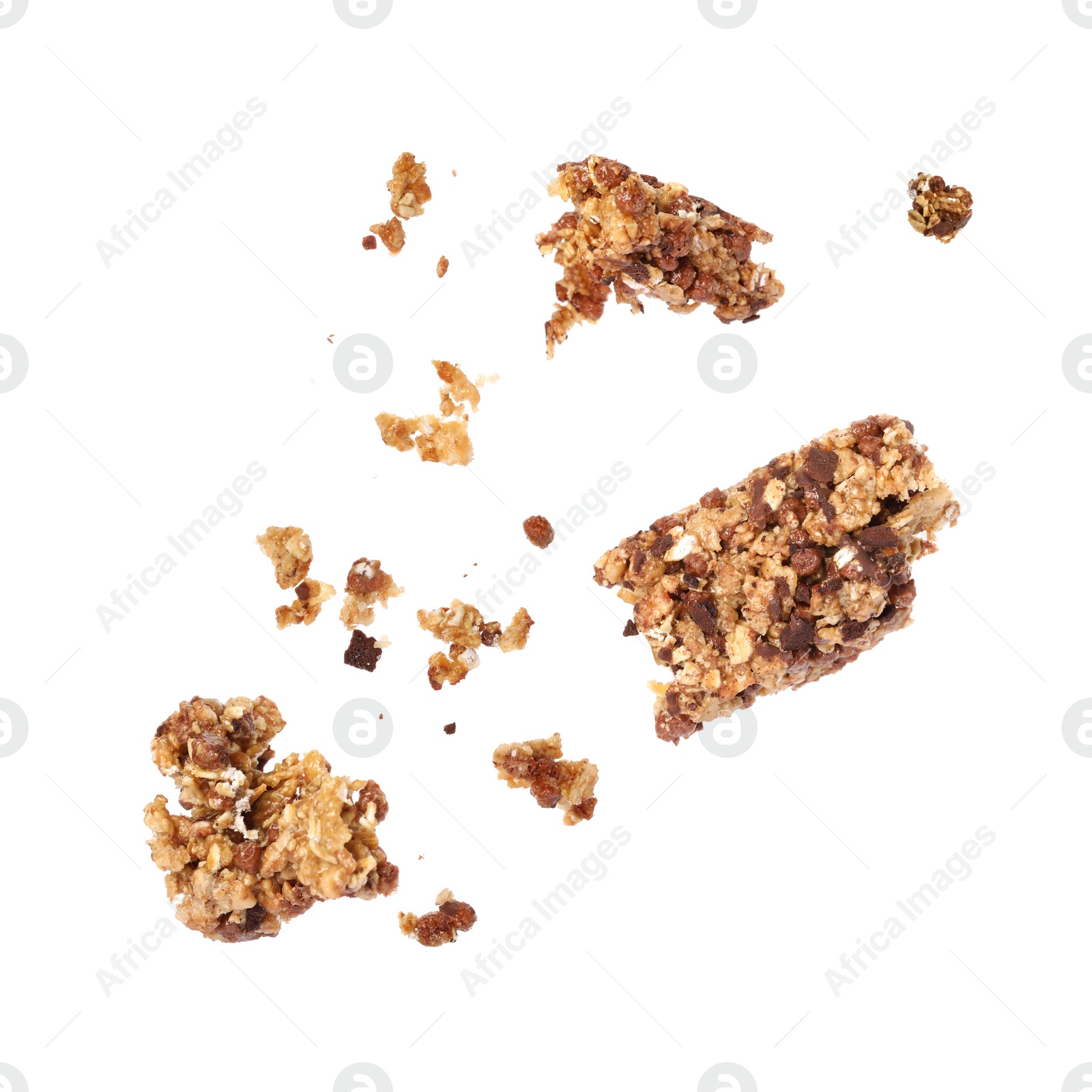 Image of Granola bar breaking in air on white background