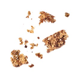 Image of Granola bar breaking in air on white background