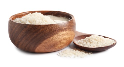 Rice soaked in water on white background