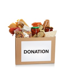 Photo of Donation box full of different products on white background