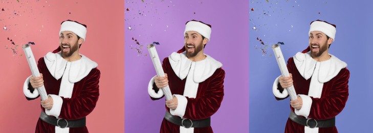 Collage with photos of man in Santa Claus costume blowing up party popper on different color backgrounds