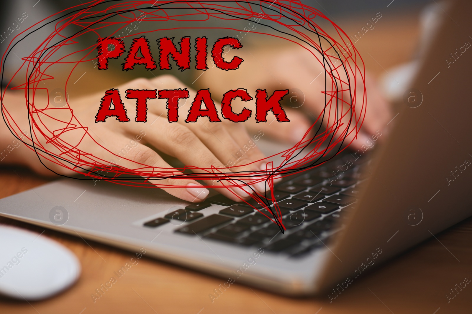 Image of Woman working with laptop, closeup. Use information safely to avoid panic attack