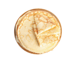 Stack of fresh thin pancakes isolated on white, top view