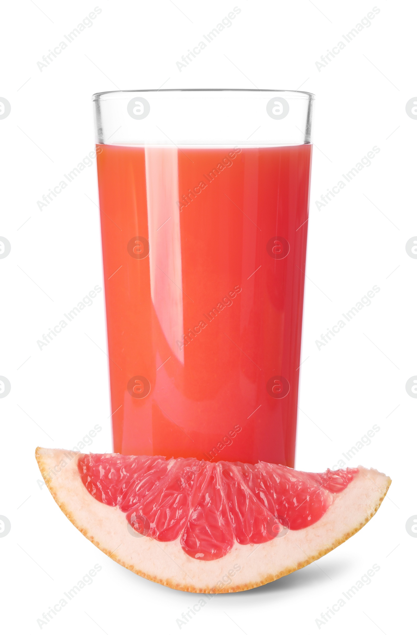 Photo of Tasty grapefruit juice in glass and fresh fruit isolated on white