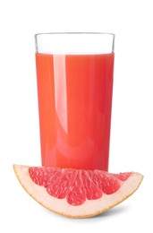 Photo of Tasty grapefruit juice in glass and fresh fruit isolated on white