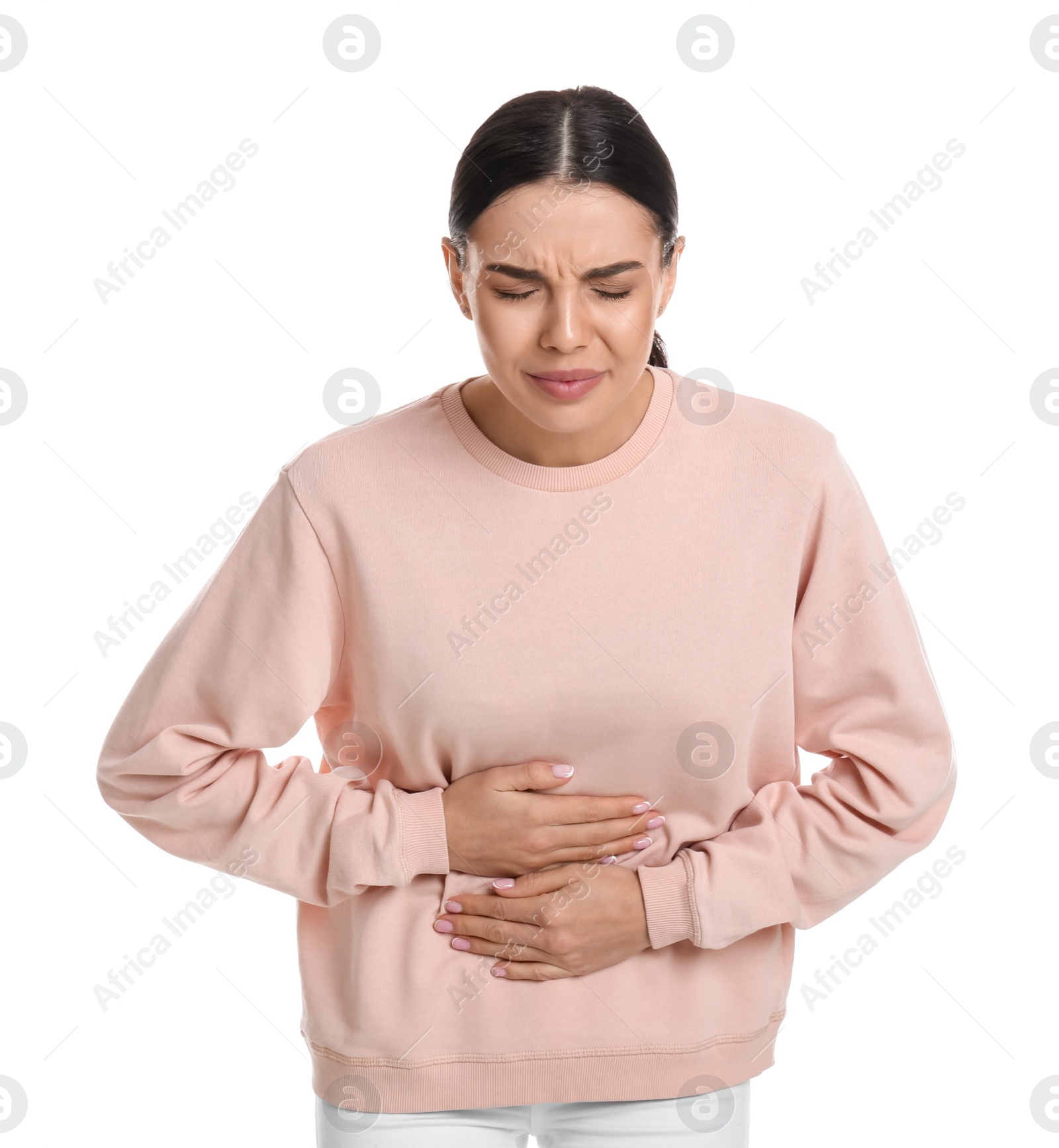 Photo of Woman suffering from stomach ache on white background. Food poisoning