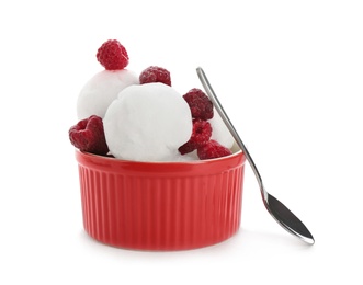 Snow ice cream with raspberries in bowl and spoon on white background