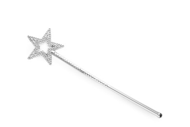 Photo of Beautiful silver magic wand isolated on white, top view