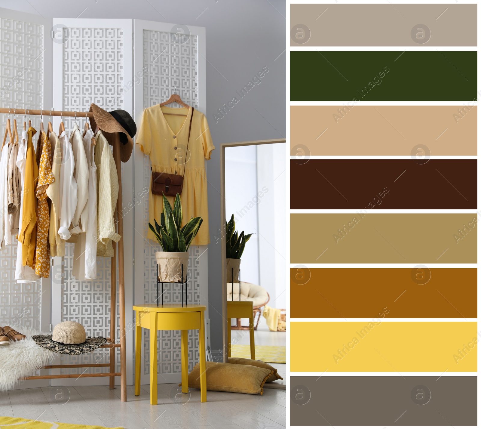 Image of Color palette appropriate to photo of stylish women's clothes on rack in room