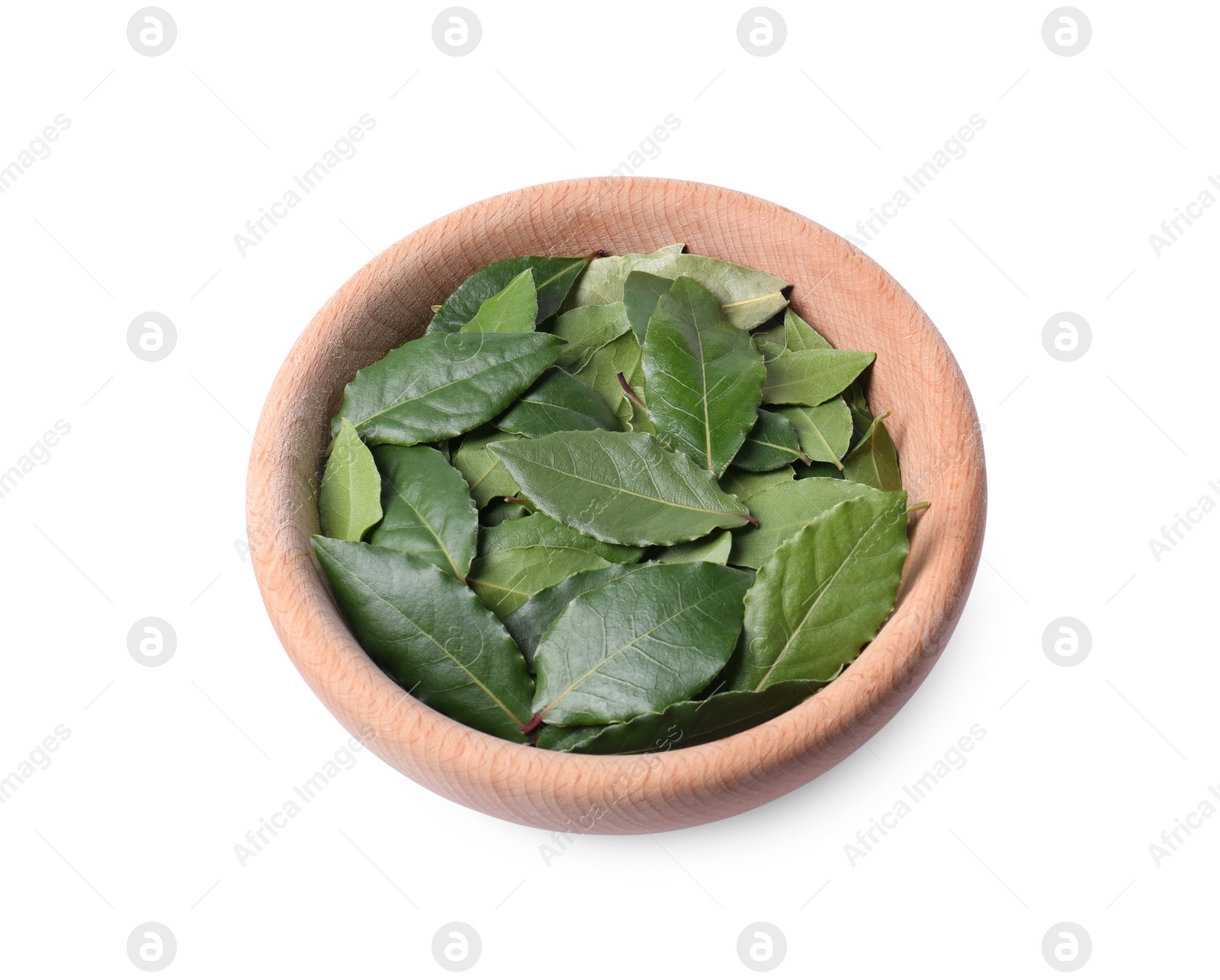 Photo of Bowl with bay leaves on white background, above view
