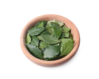 Bowl with bay leaves on white background, above view