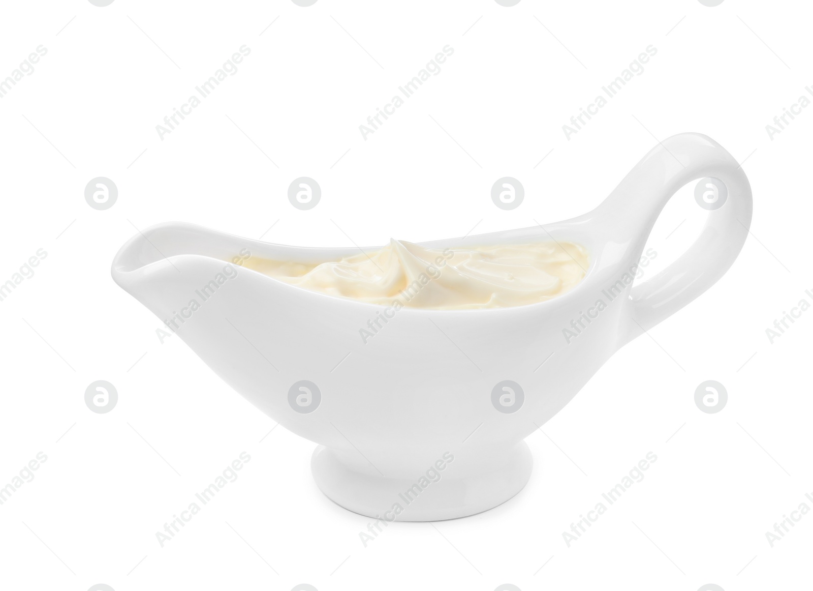 Photo of Ceramic boat with mayonnaise sauce isolated on white