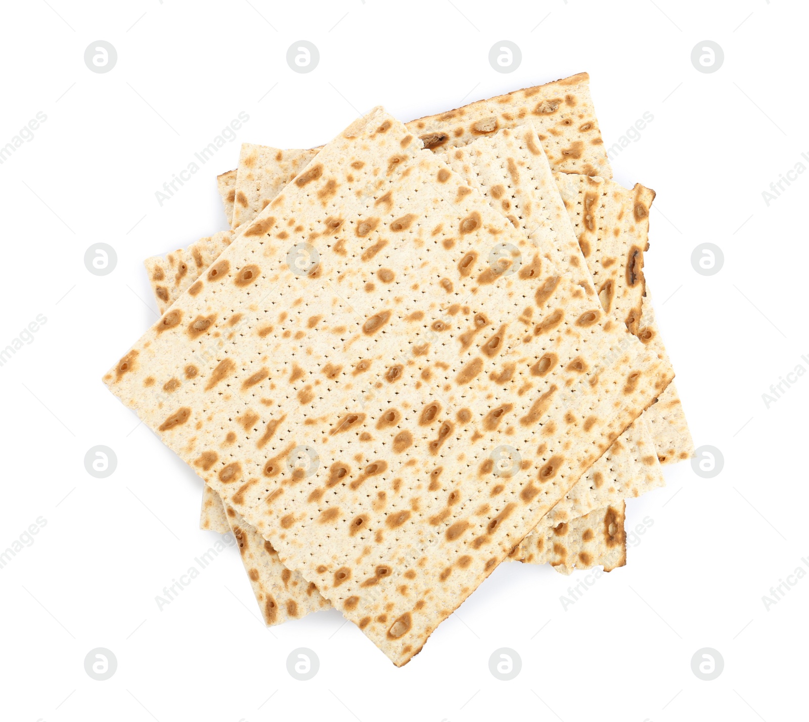 Photo of Passover matzos isolated on white, top view. Pesach celebration