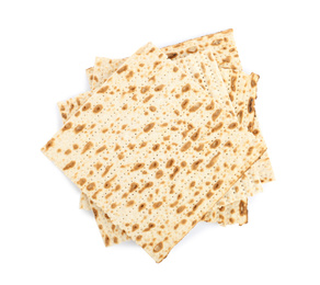 Photo of Passover matzos isolated on white, top view. Pesach celebration