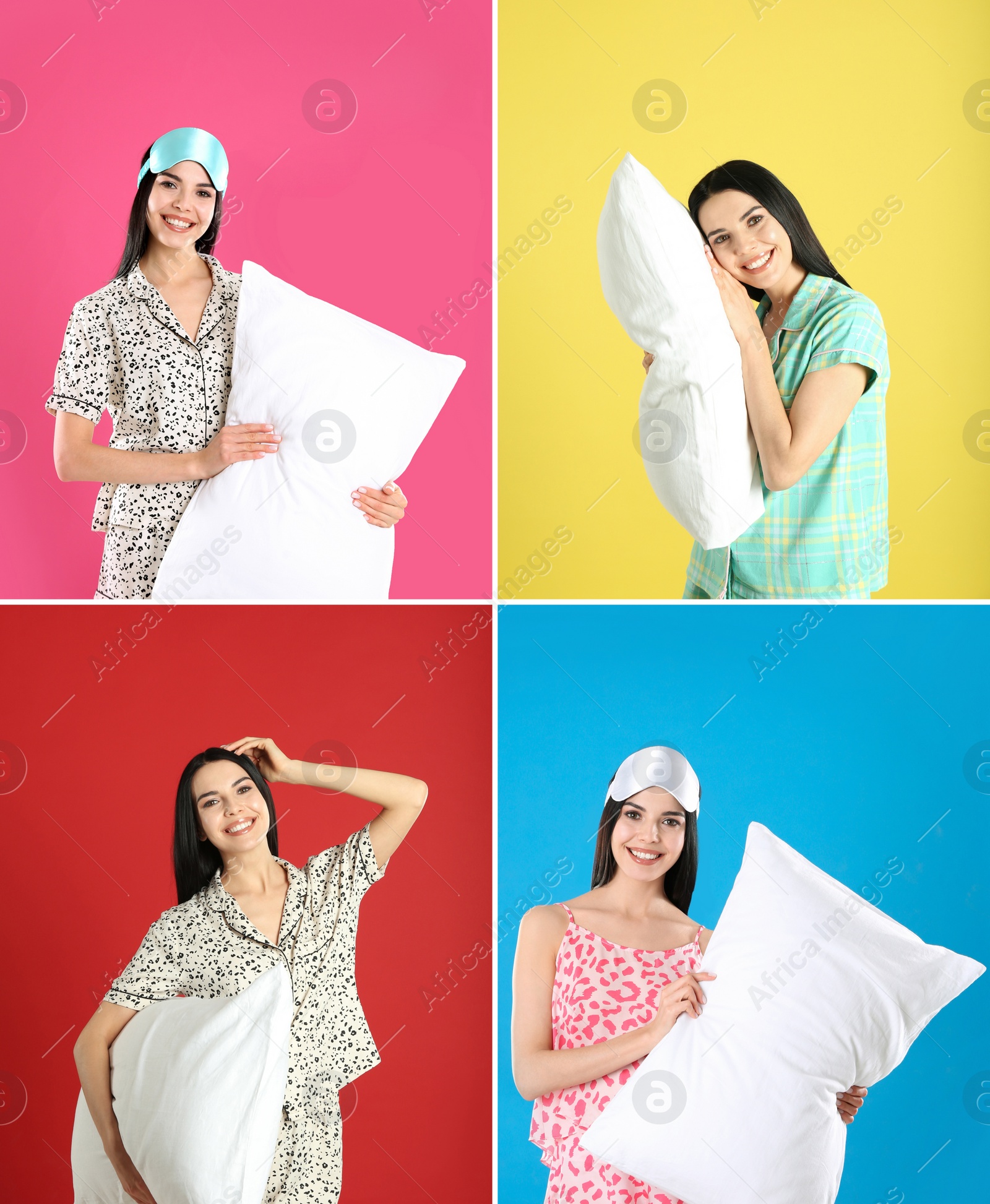 Image of Collage with photos of young woman holding soft pillows on different color backgrounds