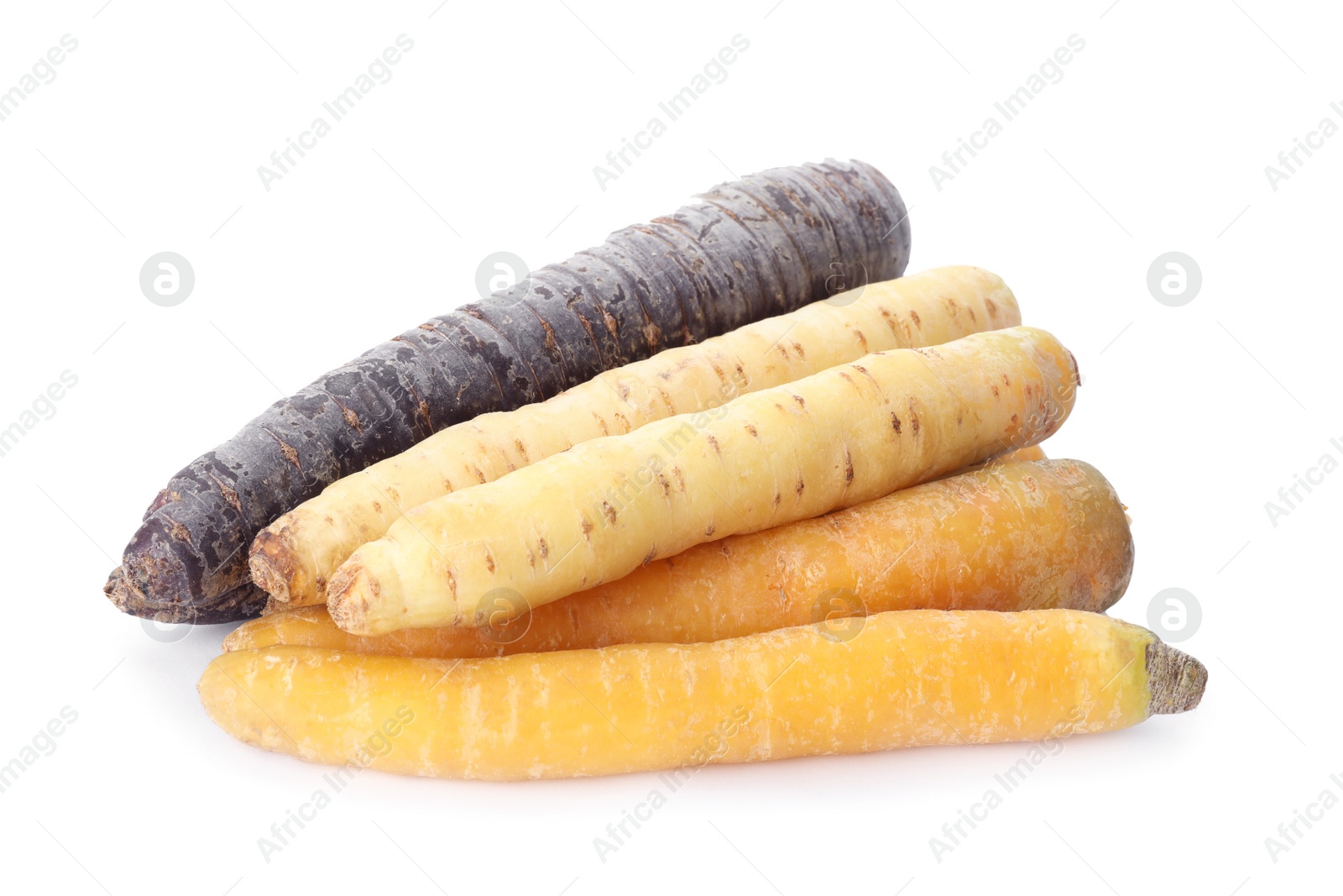 Photo of Different tasty raw carrots isolated on white