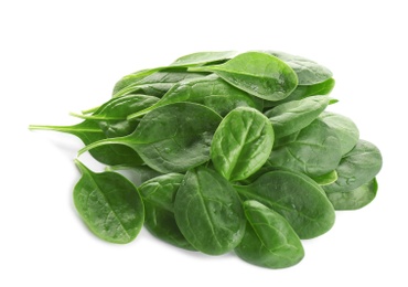 Pile of fresh green healthy baby spinach leaves on white background